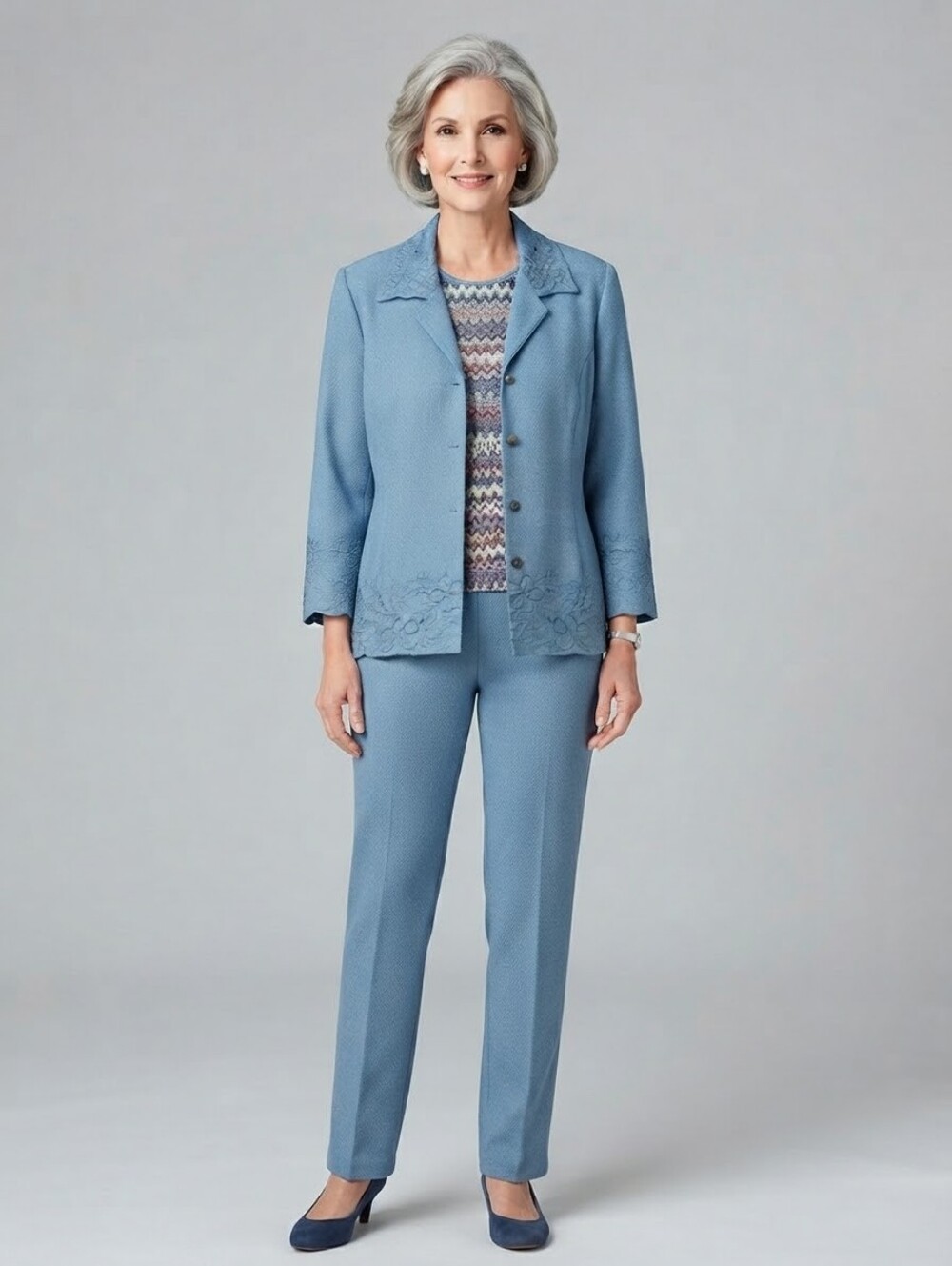 Alfred Dunner Women's Blue Eyelet detail 3pc Jacket/top/pants